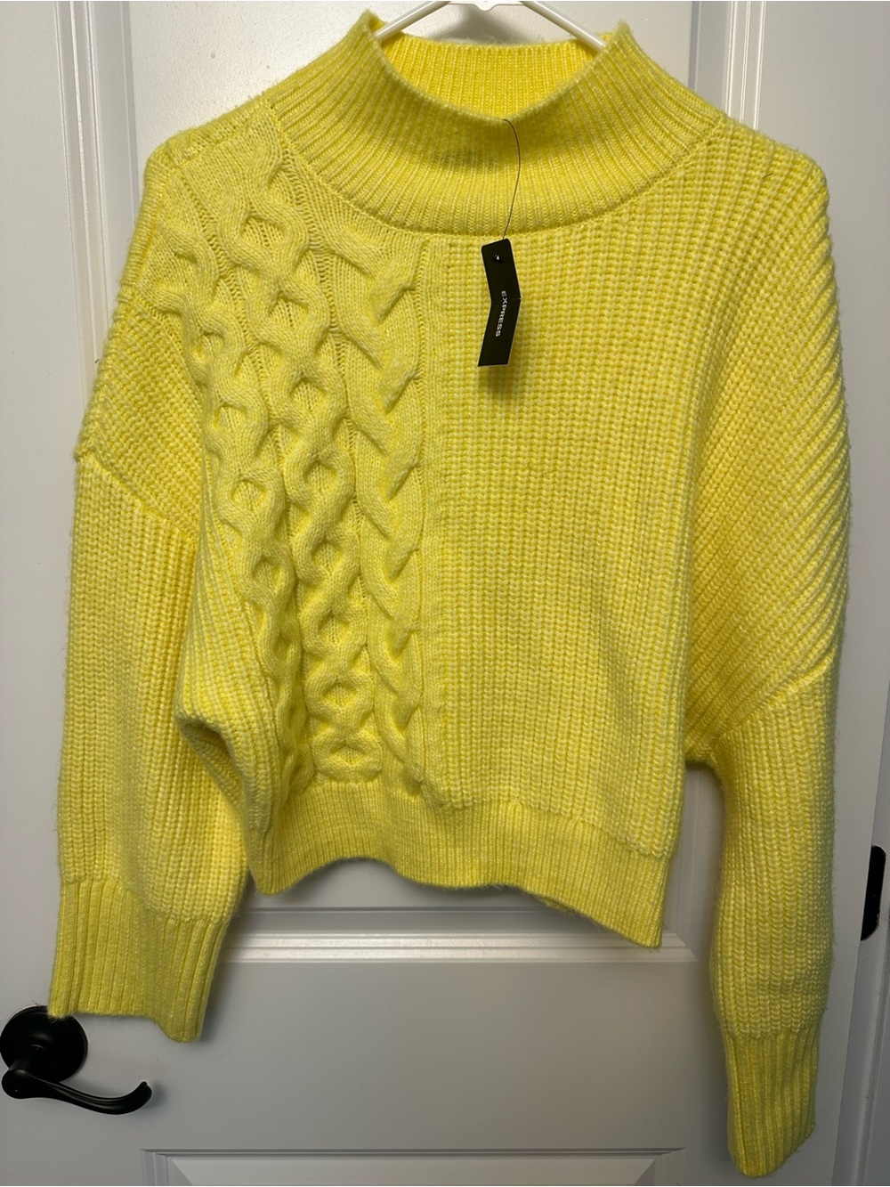 NWT Express Lemon Yellow Relaxed Mock Neck Cable Knit Sweater XS